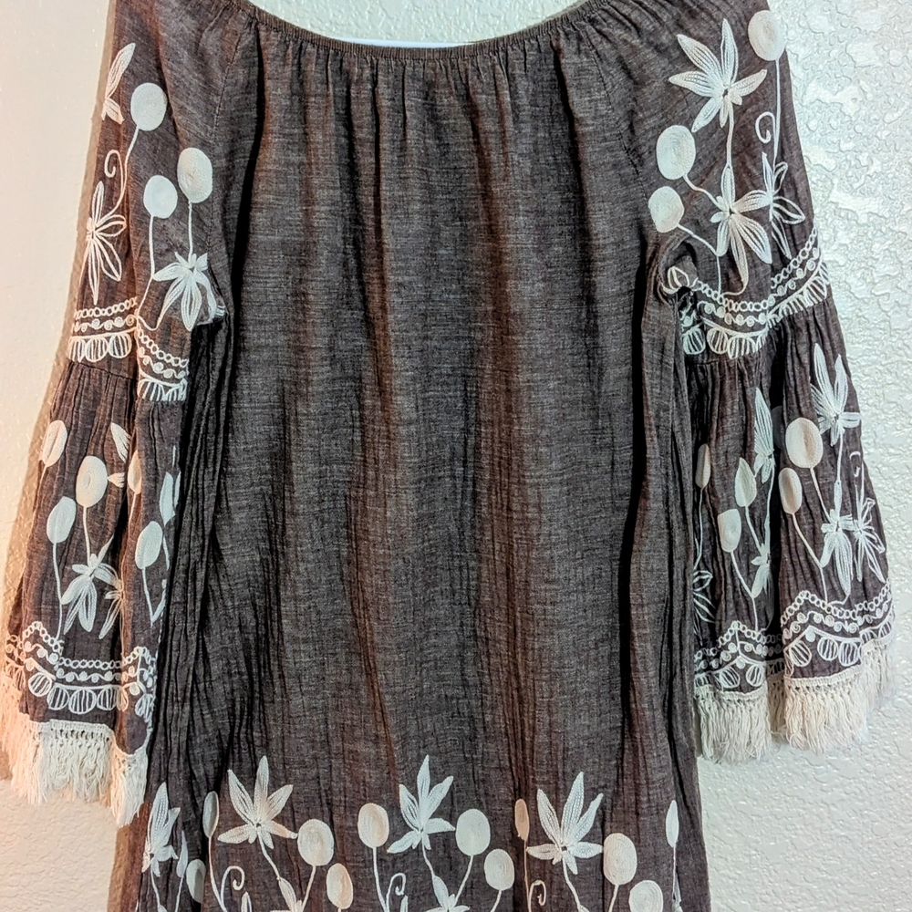 Indigo Soul Taupe and White Embellished Bell Sleeve Midi Dress